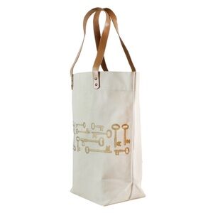 tote w/leather straps-gold keys & skeleton keyhole in gold on natural canvas-NWT